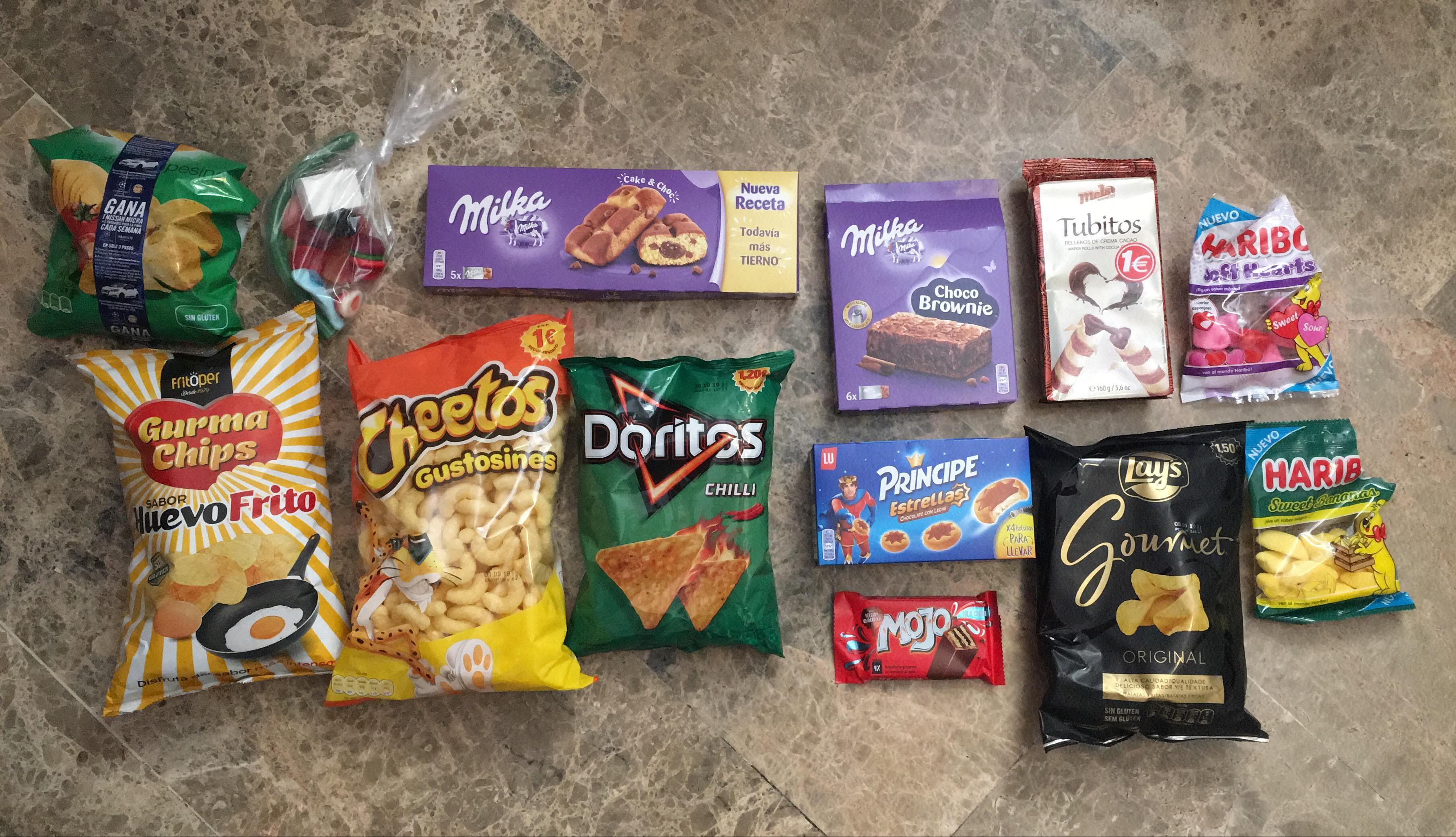 estrellas, gourmet lays, doritos chilli, milka brownies, tubitos, haribo bears, recetas campesina